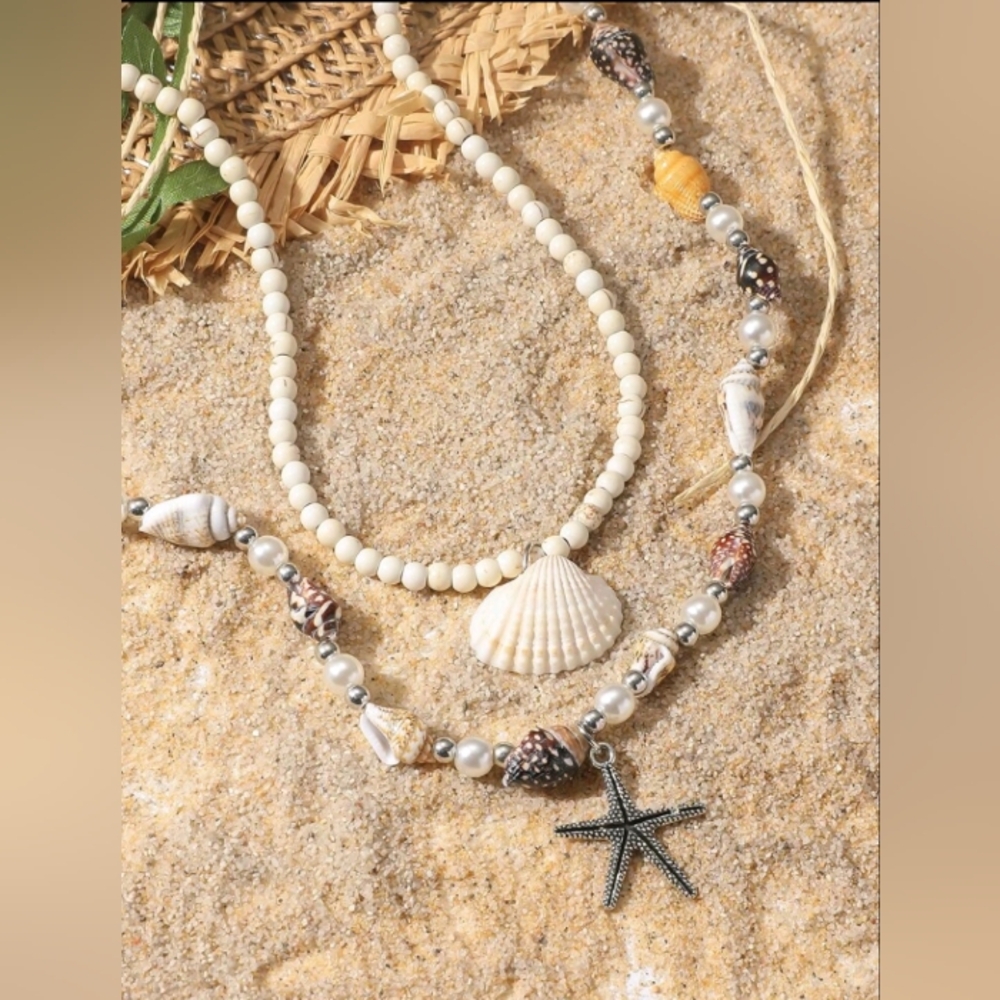 NEW seashell starfish beaded necklace set of 2